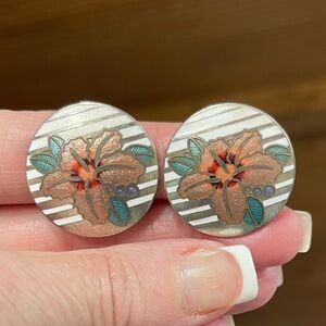 Star Lily Cloisonné Silver-Tone Floral Clip-On Earrings